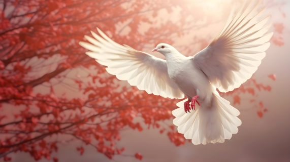 秋叶中飞舞的白鸽摄影图