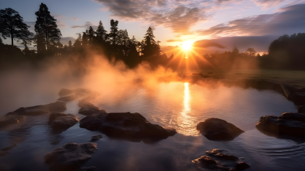 太阳升起在间歇泉湖上的摄影图