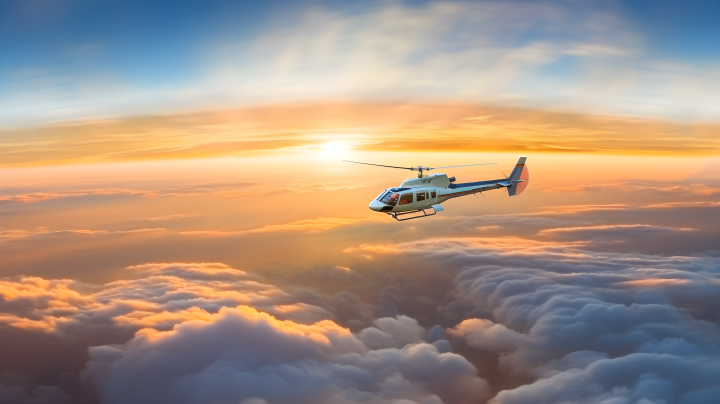 黄昏直升机飞越云海的摄影版权图片下载