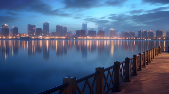 夜晚桥上湖光闪烁的城市景观摄影图片