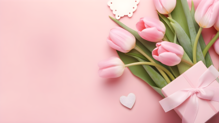 粉色郁金香礼物，贺卡和爱心