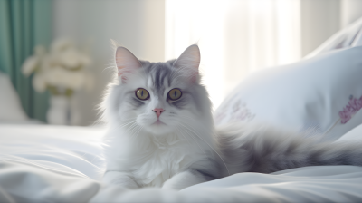 优雅的灰白猫咪趴在床上摄影图片