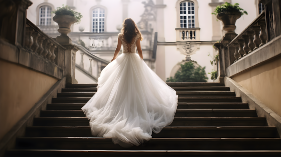 布拉格城市婚纱肖像优雅动作中的新娘穿行庭院阶梯摄影图