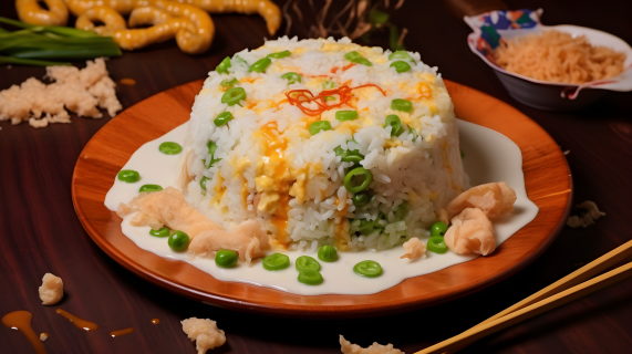光彩夺目的浅米色和水绿色风格的鱼糕炒饭摄影图片