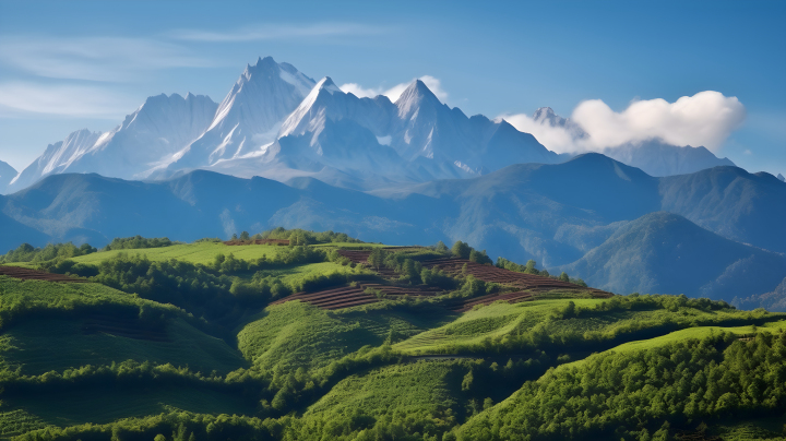 中国白色和翠绿的尖顶山，Fernand Toussaint风格的摄影版权图片下载