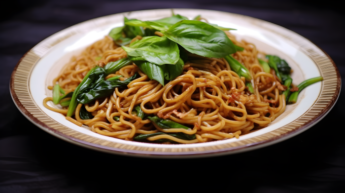 嫩绿时蔬和香草炒面摄影图片