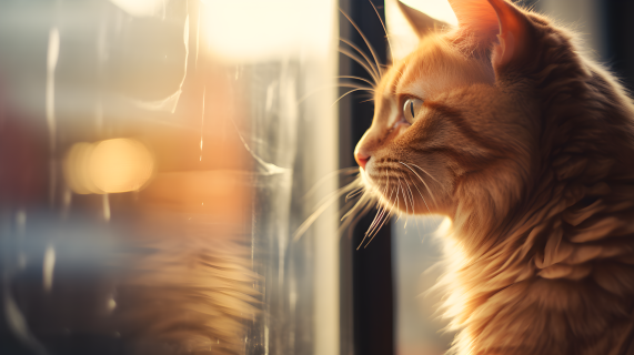 橘猫盯着窗外凝视摄影图片