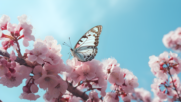 蓝天粉花上的黄色蚊香和洋红蝴蝶摄影图版权图片下载