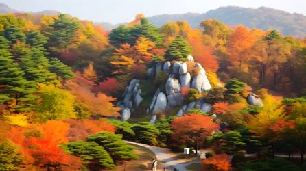 韩国秋天山林彩叶摄影图
