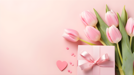 粉色底纹上的粉色郁金香与礼物贺卡和爱心摄影图片