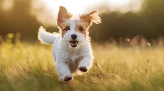 青春活力的小狗在草地上奔跑的摄影图片