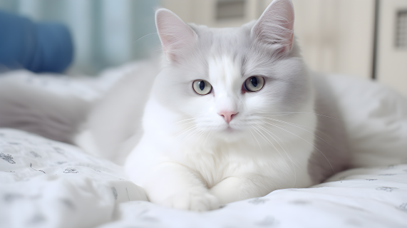白灰猫猫趴在床上摄影图片