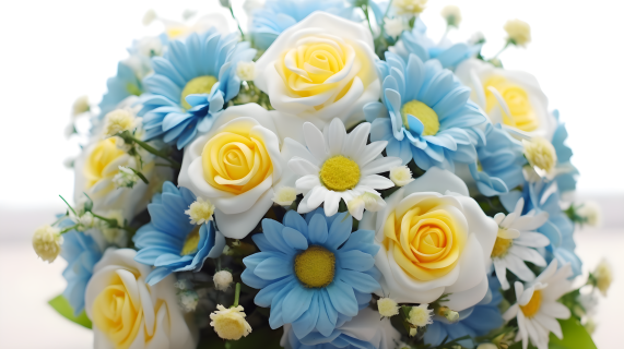 蓝白花束带黄玫瑰和蓝色雏菊的摄影图片