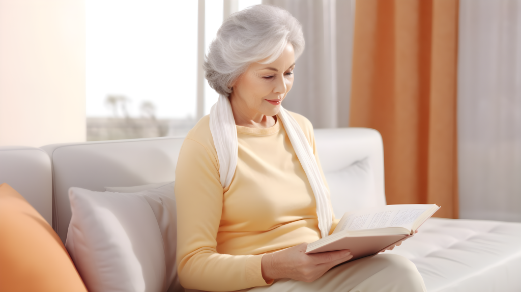 长发老妇人阅读书籍的摄影图片