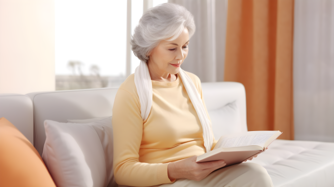 长发老妇人阅读书籍的摄影图片