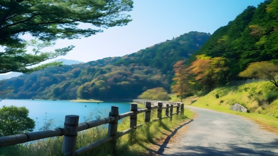 夏宅附近的湖泊边下坡山路摄影图片