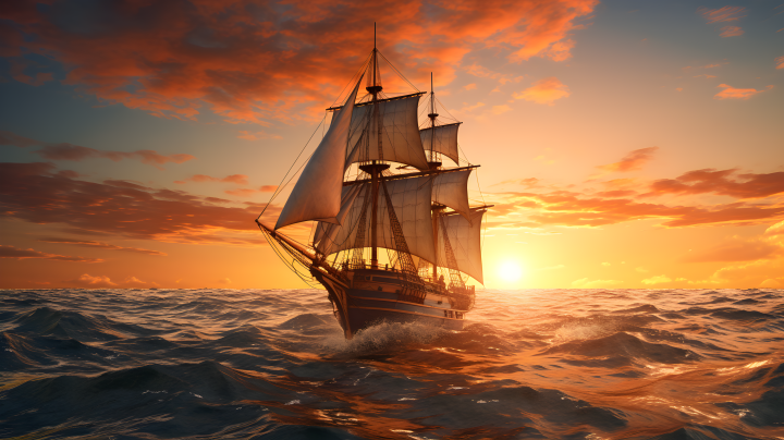浮在海洋中的古老帆船摄影版权图片下载