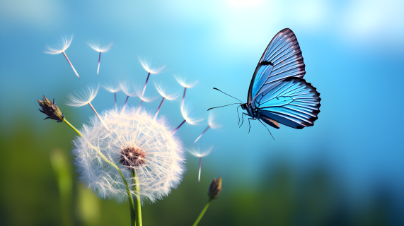 绚丽的蓝色蝴蝶在蒲公英上飞翔的摄影图