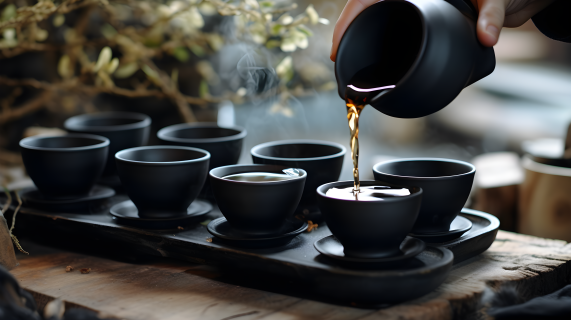 禅意茶艺黑色杯中倾注的热茶摄影图