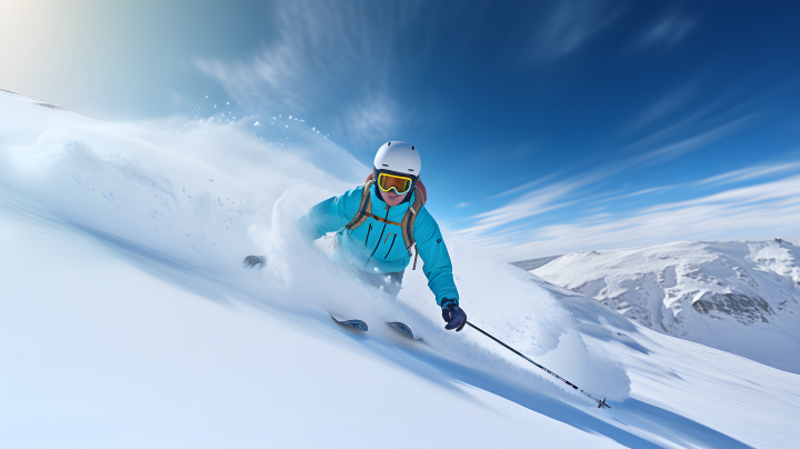阳光斜坡上的滑雪者摄影图版权图片下载