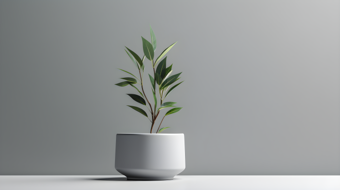 白盆中的单株植物摄影图片