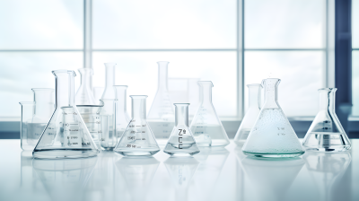 白色实验室玻璃器皿在白色桌面上的摄影图片