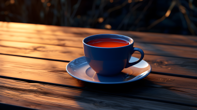 橙靛木桌上的一杯茶摄影图片