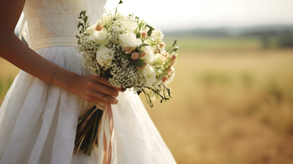法国乡村传统样式的婚礼新娘手拿白色花束摄影图片