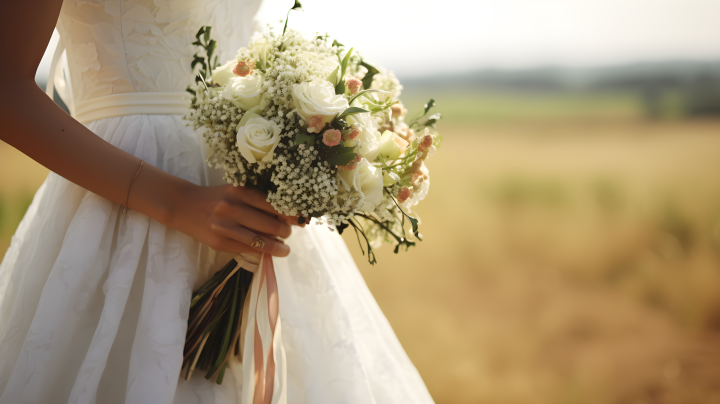 法国乡村传统样式的婚礼新娘手拿白色花束摄影版权图片下载