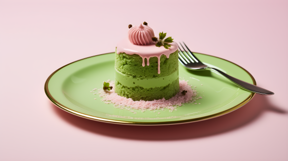 绿色盘上的蒸抹茶蛋糕摄影图片