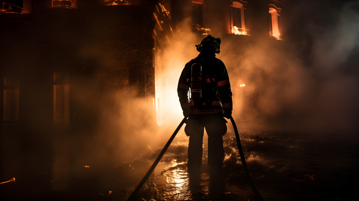 消防员持水枪吹灭燃烧的建筑摄影图版权图片下载