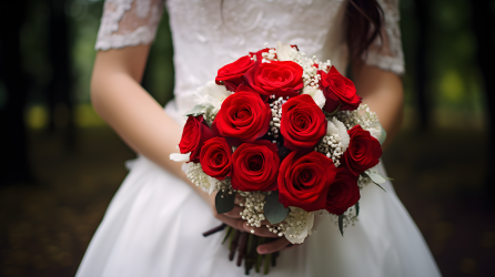 新娘手持红玫瑰花束的摄影图片