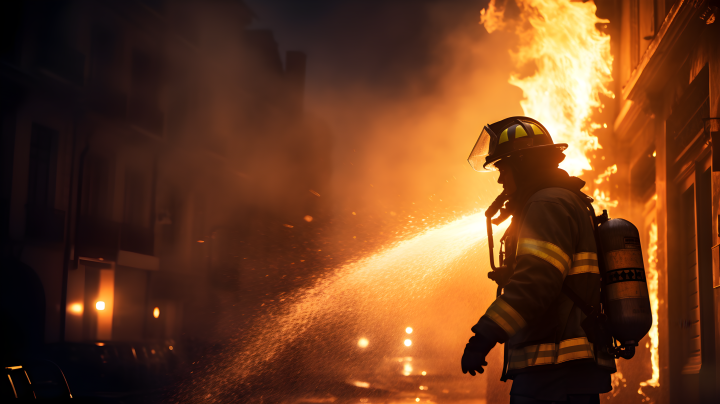 消防员用胡管喷射着火建筑物摄影版权图片下载