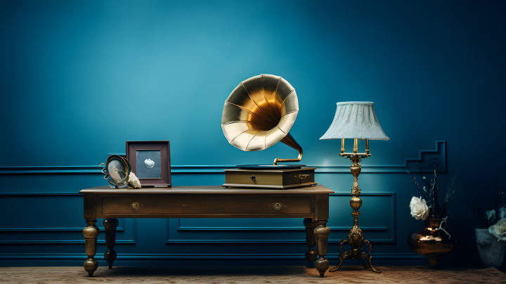 古老风格中的蓝色桌上金色留声机摄影版权图片下载