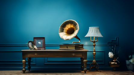 古老风格中的蓝色桌上金色留声机摄影图片