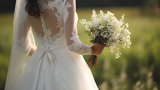 法式乡村风格的传统白花新娘捧花摄影图片