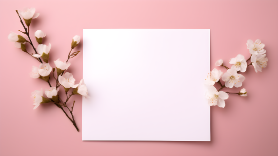 粉色背景上的白色方形纸张与花朵摄影图片