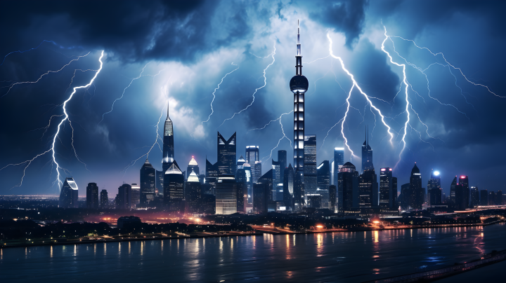 北方中国风夜晚城市天际线的闪电打击摄影图版权图片下载