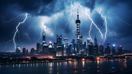 北方中国风夜晚城市天际线的闪电打击摄影图