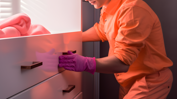 专业家政清洁服务公司提供擦拭梳妆台的摄影图片