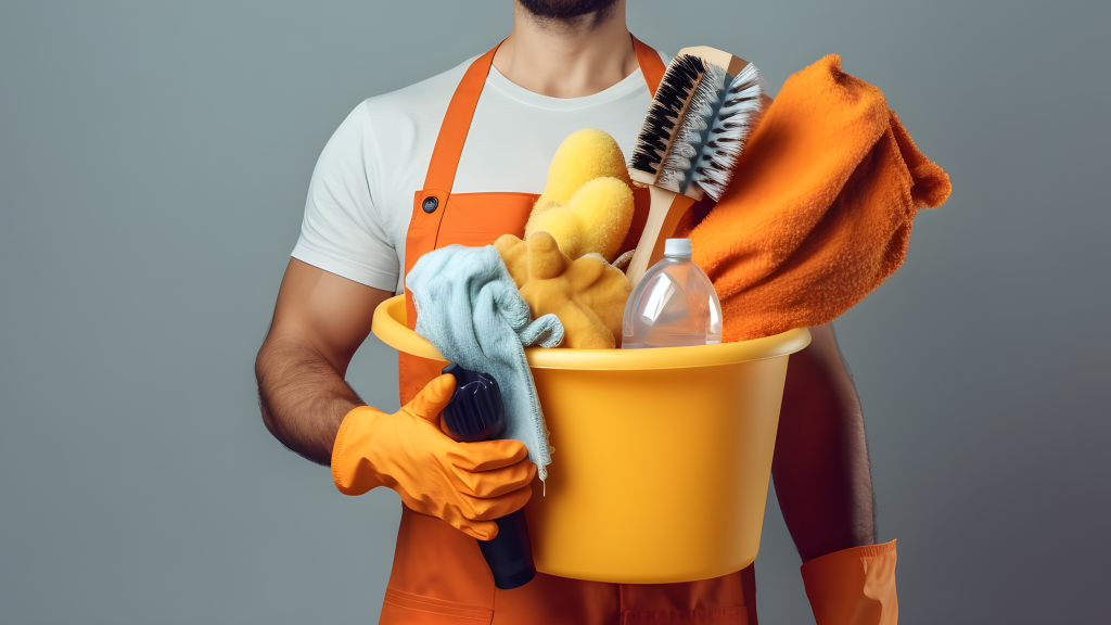 橙色盆中的清洁用品摄影图片