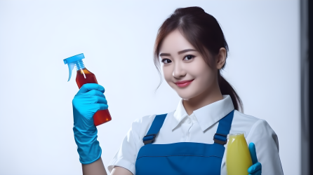女清洁工带蓝色手套摄影图