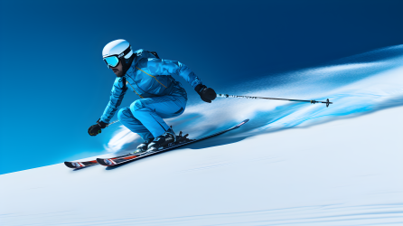 蓝色滑雪人在阳光明媚的斜坡上的摄影图片