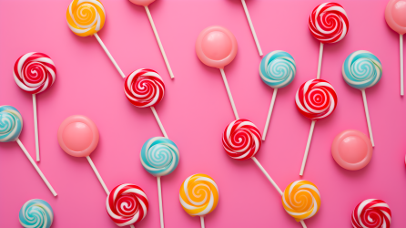 彩色棒棒糖与粉色背景的摄影图片