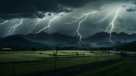 暴风雨中的山脉与电线杆摄影图