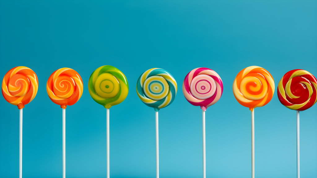 缤纷的蓝天蓝背景下的彩色棒棒糖摄影图片