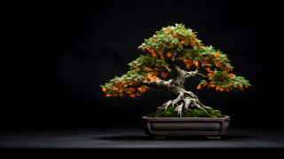 盆景树在黑色背景中的摄影图片