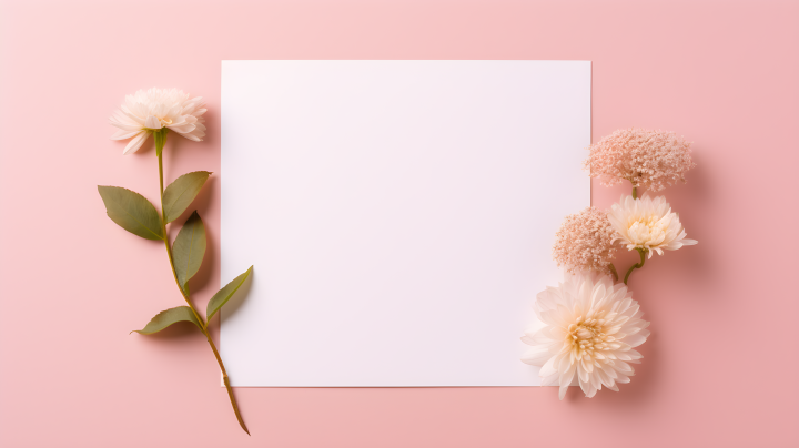 柔美粉色背景上的白纸与花朵摄影版权图片下载