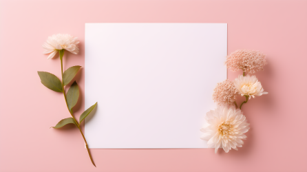 柔美粉色背景上的白纸与花朵摄影图片