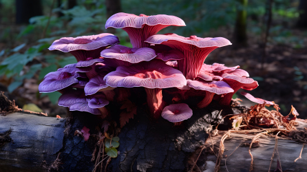 魔法丛生树桩上的紫色蘑菇摄影图片